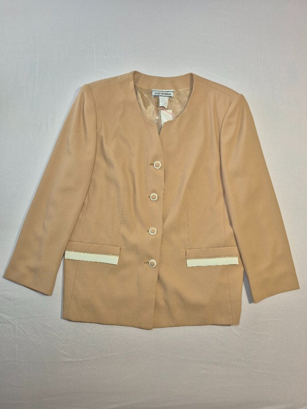 NWT VTG August Max Womans Blazer Jacket 16W Deadstock Collarless Tan White Italy